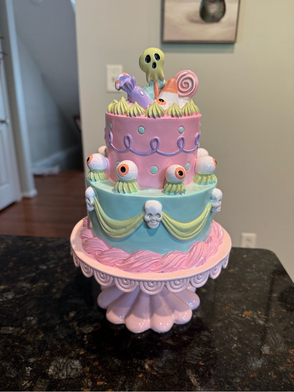 Pastel Halloween Faux Cake Eyeball Skull Candy Resin Decor 12” Spooky Cute Pink